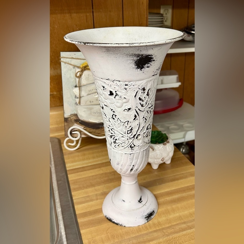 Metal distressed white vase 15 1/2 x 8 1/2